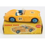 Dinky Toys, no. 109 'Austin Healey 100 Sport', yellow with blue interior and hubcaps, contained in