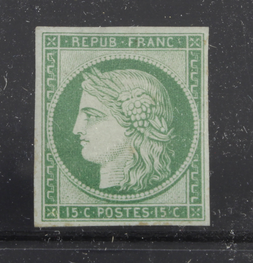 France 1849 15c green on bluish green, unused, lightly hinged, SG4 cat £29000 with 2022 RPSL Ltd
