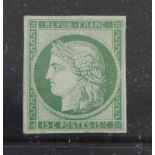France 1849 15c green on bluish green, unused, lightly hinged, SG4 cat £29000 with 2022 RPSL Ltd