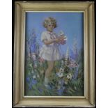 Lancelot Roberts (1883-1950). Pastel, depicting to a young girl surrounded by flowers, signed by