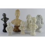 Busts. Seven various busts, including Parian Ware, depicting Mozart, Haendel, Shakepeare, etc.,