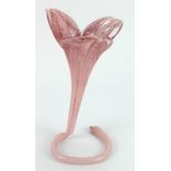 Sculptural handblown pink glass vase in the shape of a three foliate plant with the concentric