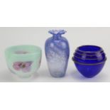 Three unsigned studio glass pieces, to include a blue bowl with metal spiral decoration, by Gerie