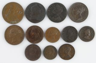 GB Copper & Bronze (12) 18th-20thC assortment; noted: Halfpennies: 1854 GVF+, 1859 GVF; Farthings: