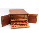 Coin Cabinet: Professionally made mahogany 29.3x30.2x17cm, 14 trays, varying spaces, all felts, with