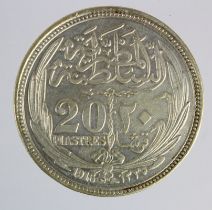 Egypt silver 20 Piastres 1916, cleaned GVF