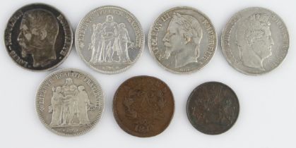 France etc (7) mostly crown-size silver: 5 Francs: Louis Philippe 1842A F/GF, 2nd Republic 1848A VF,