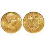Spain gold 20 Pesetas 1890 *90* MP-M, KM# 693, aEF (0.1867 troy oz AGW)