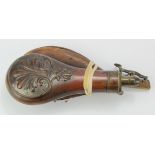 Powder Flask by J W Hawksley, shell pattern (Riley 372) good patina, along with a leather shot flask