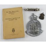 ARP wardens door plaque with ARP whistle, wardens book and lapel badge.