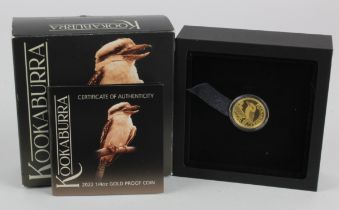 Australia $25 2022 "Kookaburra" gold quarter ounce issue. FDC boxed as issued