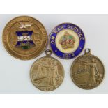 Badges (2) & medals (2) relating to WW1 comprising an unusual 1914 On War Service brass & enamel