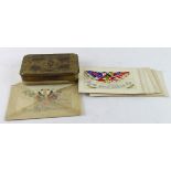 1914 Princess Marys gift tin with selection of WW1 silk postcards.
