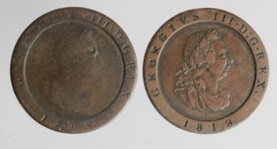 Isle of Man copper Halfpennies (2): 1798 Fair, and 1813 GF