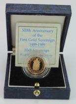 Half Sovereign 1989 proof, 500th Anniversary of the First Gold Sovereign 1489-1989, FDC cased with