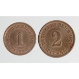 Germany (2) 1 Pfennig 1874C GEF with lustre, and 2 Pfennig 1874C EF trace lustre.