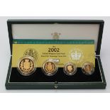 Four coin set 2002 (Five Pounds, Two Pounds, Sovereign & Half Sovereign). Proof FDC boxed as issued