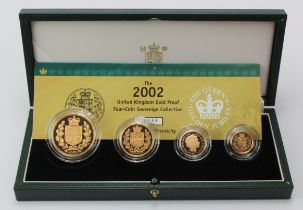 Four coin set 2002 (Five Pounds, Two Pounds, Sovereign & Half Sovereign). Proof FDC boxed as issued