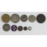 Exonumia (10) reproductions, a £3:12s coin weight, and an enamelled coin: GB George I silver