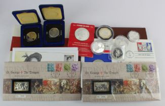 GB & World Commemorative Coins & Medals (14) 11 of which silver, 1970s to 2000, some in packets/