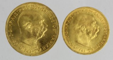 Austria restrike gold (2): 10 Corona 1912 KM# 2816 UNC, and 20 Corona 1915 KM# 2818 UNC (total 0.294