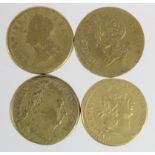 Coin Weights (4): William III, 2x George II, and George III portrait Guinea Weights, Fair to nEF