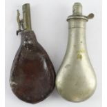 Flasks, 1) plain large powder flask by top maker Sykes Patent "Extra Quality". 2) a good leather