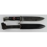 German 3rd Reich Hitler Youth knife, no makers mark or inscription, with scabbard and leather frog