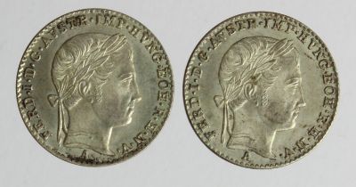 Austria (2) silver 3 Kreuzer 1838A, KM# 2191, lightly toned GEF