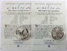 China (2) 1oz silver Panda 10 Yuan 1993 BU in capsules, with Westminster certs.