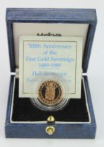 Half Sovereign 1989 proof, 500th Anniversary of the First Gold Sovereign 1489-1989, FDC cased with