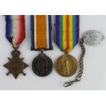 1915 Star Trio (83643 Gnr H Mills RGA) with metal ID Tag. Born Shildon, Co Durham. Wounded 31/8/