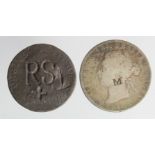 Countermarked Coins (2): George III contemporary forgery Halfpenny 1775 stamped RSL+ on obverse,