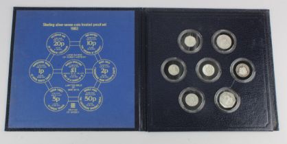 Jersey: Sterling silver seven coin frosted proof set 1983, FDC in original folder (needs re-gluing)