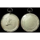 British Agricultural Medal, unmarked silver collared, glazed, white finish silver d.54mm: Birmingham