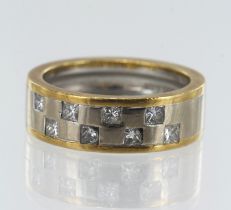 18ct yellow and white gold diamond checker ring, eight princess cut diamonds TDW approx. 0.64ct,