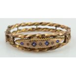 9ct yellow gold Edwardian bangle, gypsy set alternating diamonds and synthetic sapphires, hallmarked