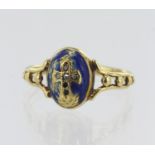 Yellow gold (tests 18ct) 19th Century Catholic rosary ring, rose cut diamond set cross (two missing)