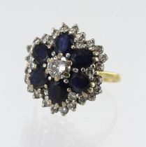 18ct yellow gold diamond and sapphire cluster ring, TDW approx 0.89ct, principle diamond approx 0.