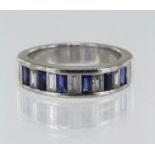 18ct white gold diamond and sapphire half eternity ring, five baguette cut diamonds, TDW approx. 0.