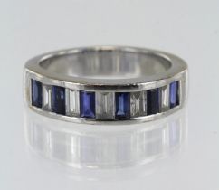 18ct white gold diamond and sapphire half eternity ring, five baguette cut diamonds, TDW approx. 0.