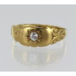 Yellow gold (tests 18ct) diamond solitaire ring, one old cut diamonds approx. 0.06ct, head width 7.