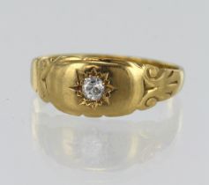 Yellow gold (tests 18ct) diamond solitaire ring, one old cut diamonds approx. 0.06ct, head width 7.