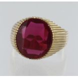 18ct yellow gold synthetic ruby signet ring, checker cut syn. ruby measures 16mm x 14mm, finger size