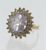 9ct yellow gold Rose De France Amethyst and white topaz cluster ring, one oval 2.861ct amethyst,
