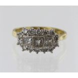 18ct yellow gold diamond trilogy cluster ring, TDW approx. 0.97ct, three graduating princess cut