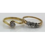 Two 18ct gold/tests 18ct diamond rings, solitaire approx.0.15ct, finger size M/N, trilogy TDW