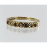 9ct yellow gold diamond and ruby half eternity ring, three round brilliant cut diamonds, TDW approx.