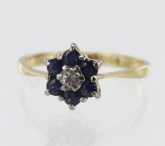 18ct yellow gold diamond and sapphire daisy cluster ring, one round brilliant cut diamond approx.