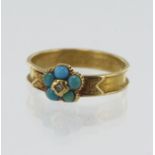 Yellow gold (tests 20ct) Victorian mourning ring, set with a diamond and turquoise daisy cluster,